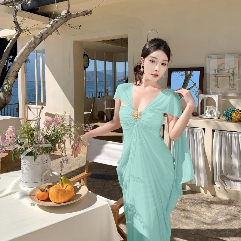 Daughter Temperament Birthday One-word Shoulder Dress Dress French Sexy Body Bag Arm Dress Bright Island Dress