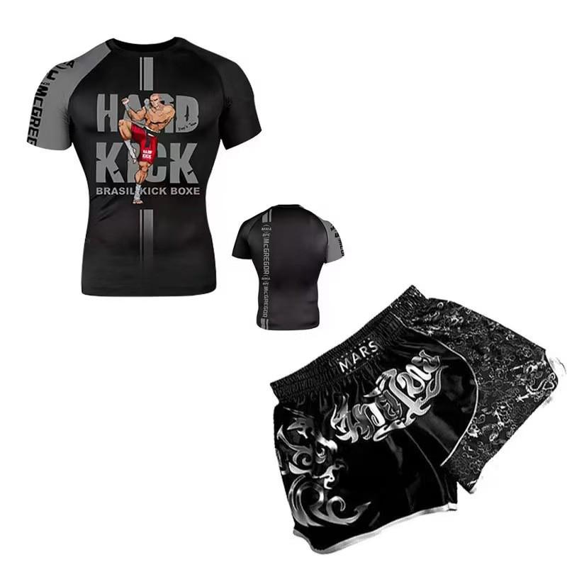 Herren Kompressions MMA Boxen Trainingsset Kurzarm Rash Guard Shorts Kampfsport Fitness