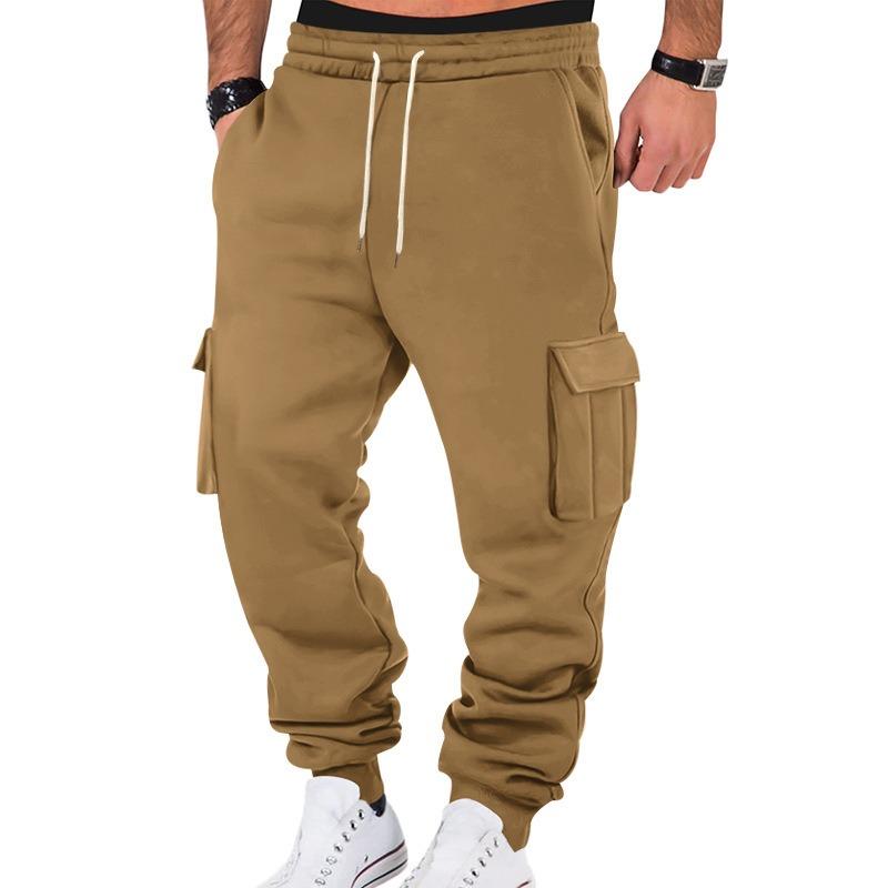 Men Fleece Casual Cargo Pants Loose Multi Pocket Drawstring Long Trousers