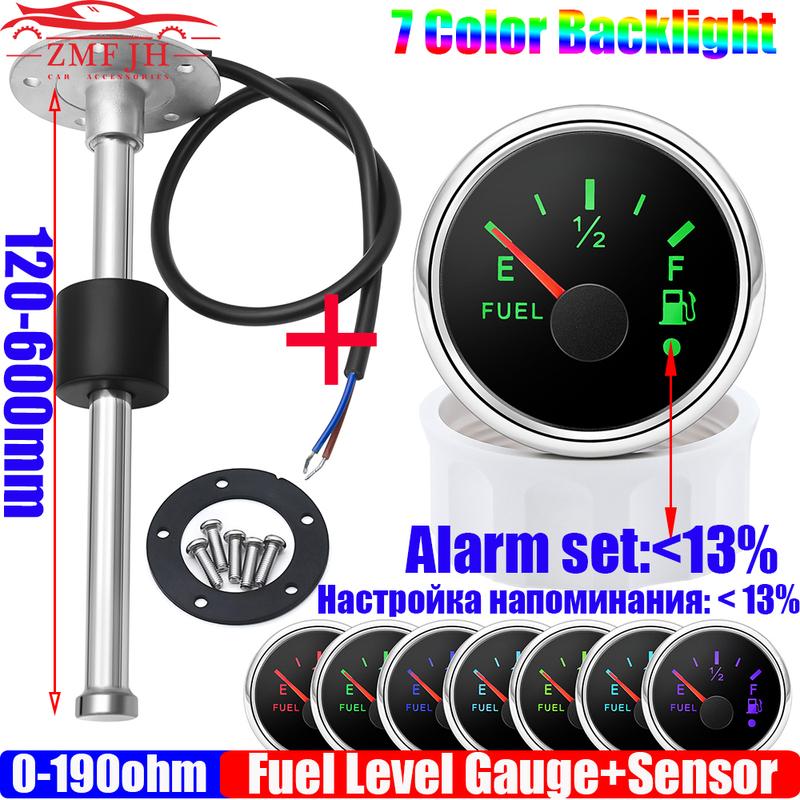 ZMFJH 2"52mm Fuel Level Gauge+Fuel Float Sensor 100-550mm 0-190 ohm Oil Tank Meter with Alarm 7 Color Light for Car Yacht 12V24V