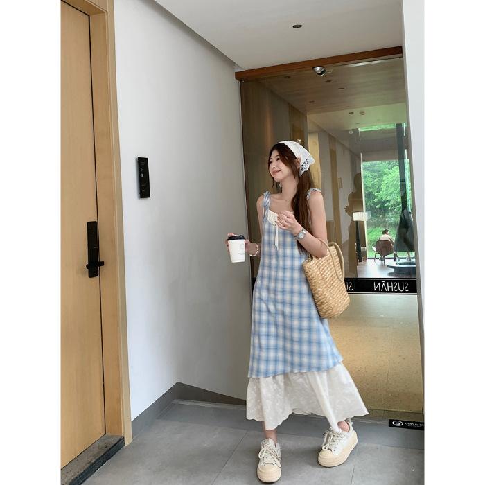 

[Welcome to Kanban] Red fake two-piece plaid lace suspender dress women s summer seaside vacation dress 2XL