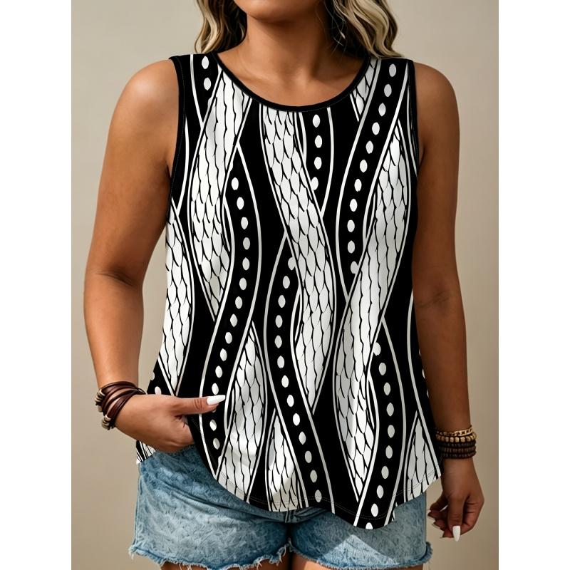 Women's Printed Tank Top T-shirt with Patterned Short Sleeves, Women's Sleeveless Round-neck T-shirt