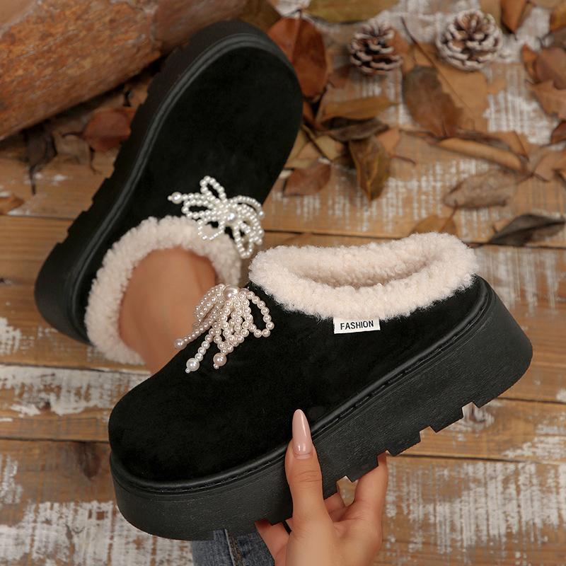 Fashion Pearls Decor Thick Sole Plush Slippers Women Outdoor Warm Winter Cotton Shoes Woman Plus Size 36-43 Non Slip Snow Boots