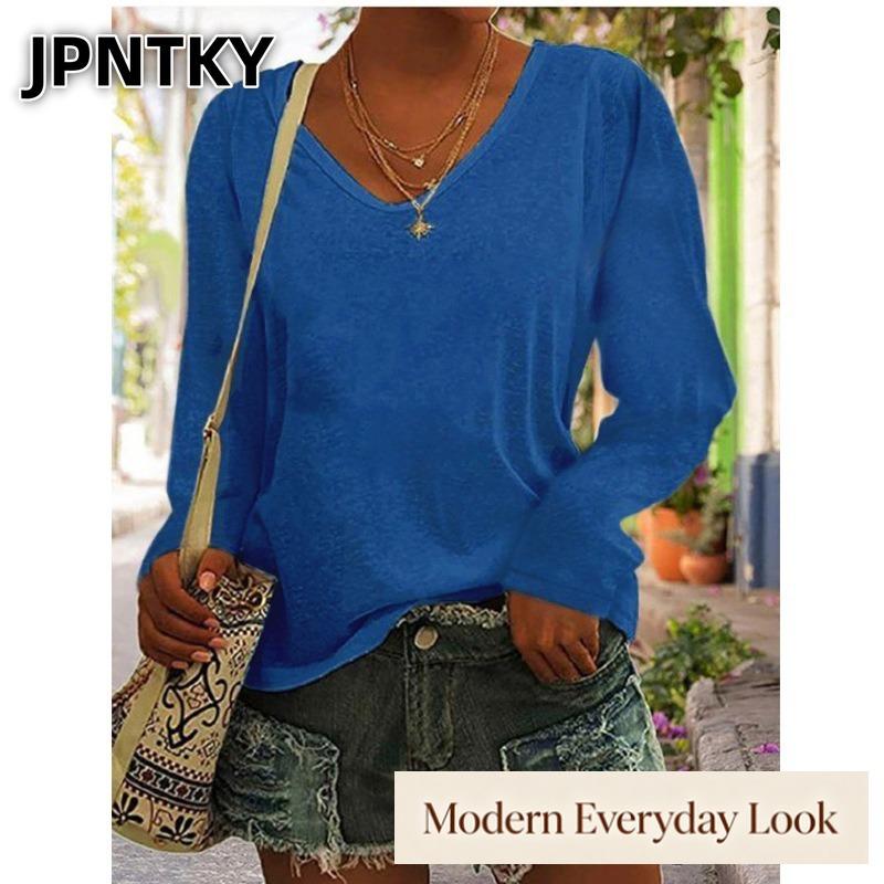JPNTKY Women's Fashion Casual Solid Color Print V-Neck Long Sleeve Blouses & Shirts