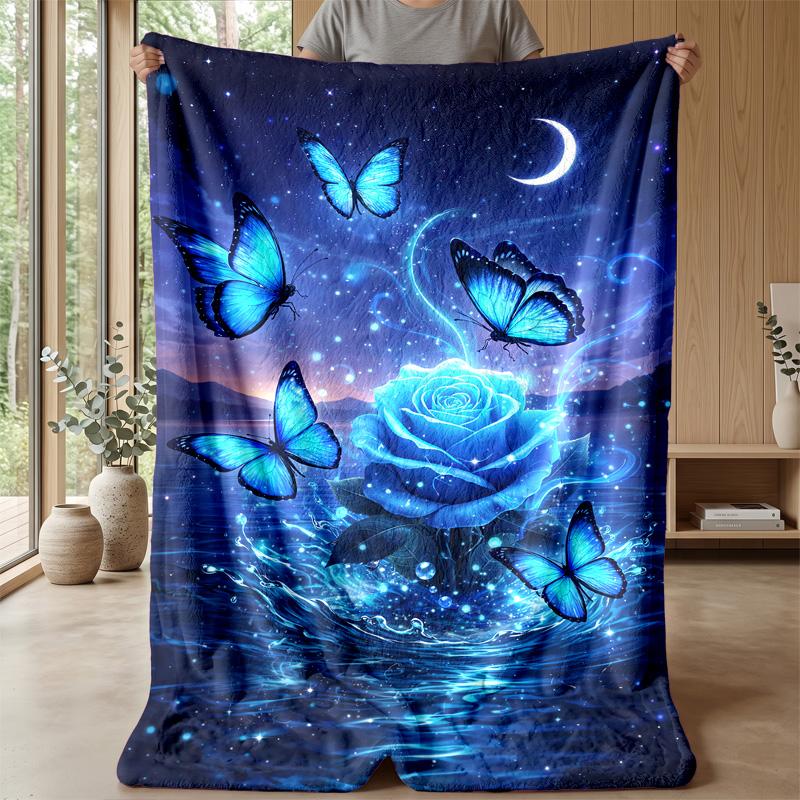 Blue Rose and Butterflies at Night blanket Personalized Name Flannel Blanket Soft Cozy Plush Throw for Sofa Bed Lightweight Home Decor
