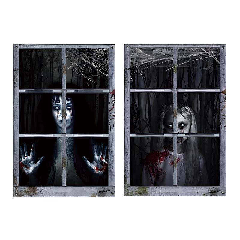 New Halloween Style 2 Pack Halloween Ghost Curtain Decorations - Female Ghost Window Cover For Indoor/outdoor Party Decor