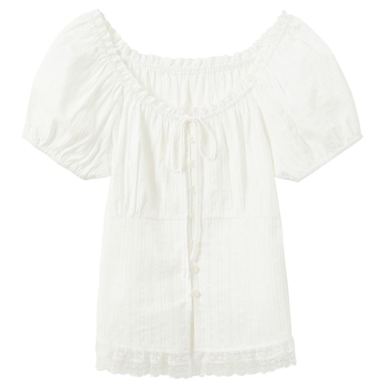 Women s Short Puff Sleeve Two-Way Cotton Blouse M