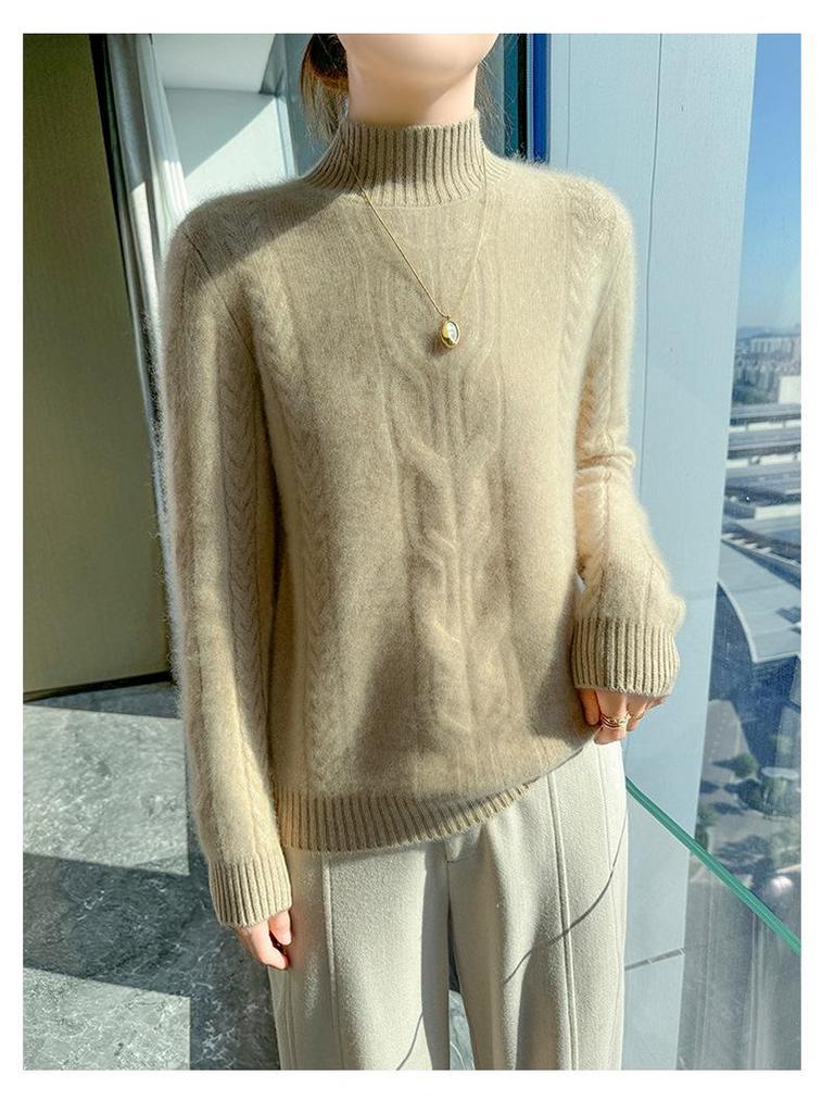 2024 Women's Autumn/Winter Wool Sweater - Solid Color, Thick Knit, Half-High Collar, Long Sleeve, Cable Knit Base Layer