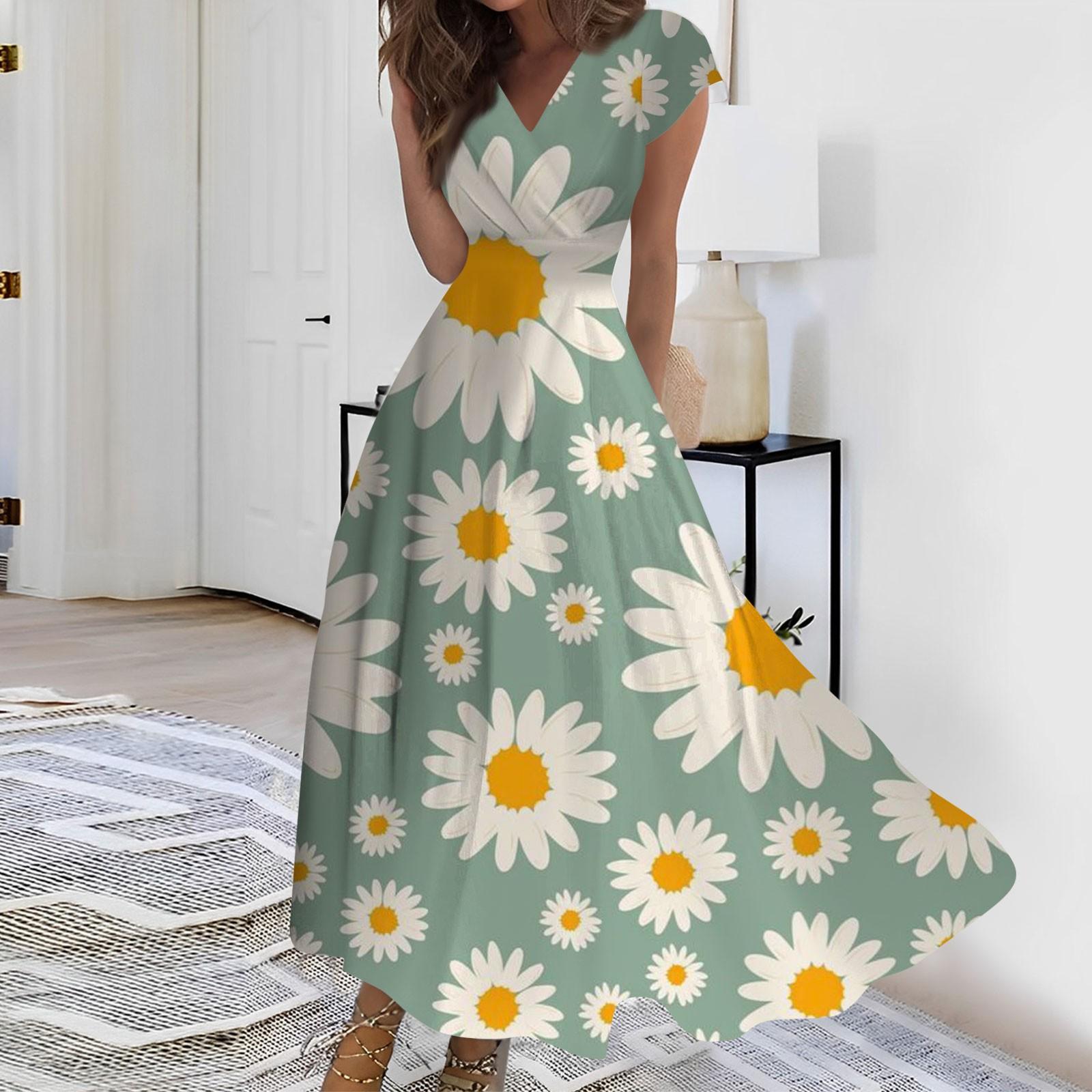 

Женское длинное повседневное платье. Летнее платье с короткими рукавами и v-образным вырезом на талии с принтом. L