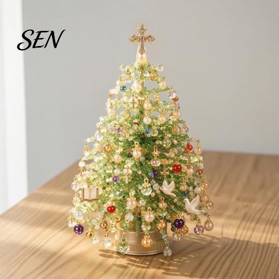 Holiday Beading Materials DIY Handmade Beaded Mini Tabletop Christmas Tree Kit, Crystal Bead Xmas Craft Material Package Set, Desktop Ornament