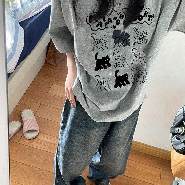 Pure cotton American retro short-sleeved t-shirt women's new popular design sense niche loose large size cartoon trendy top