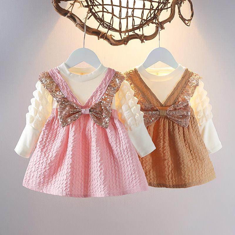 Spring Autumn Baby Girl Fake Two Piece Long Sleeve Dress 0-3 Years Old Infant Toddler Stylish Princess Dress