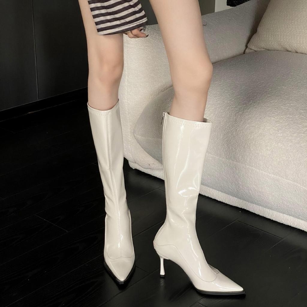 Europäische und amerikanische spitz zulaufende plissierte hohe Stiefel Damen Herbst-Trend dünner Absatz Stiefel mit Schaft hoher Absatz aber Knie Mode Ritterstiefel Damen