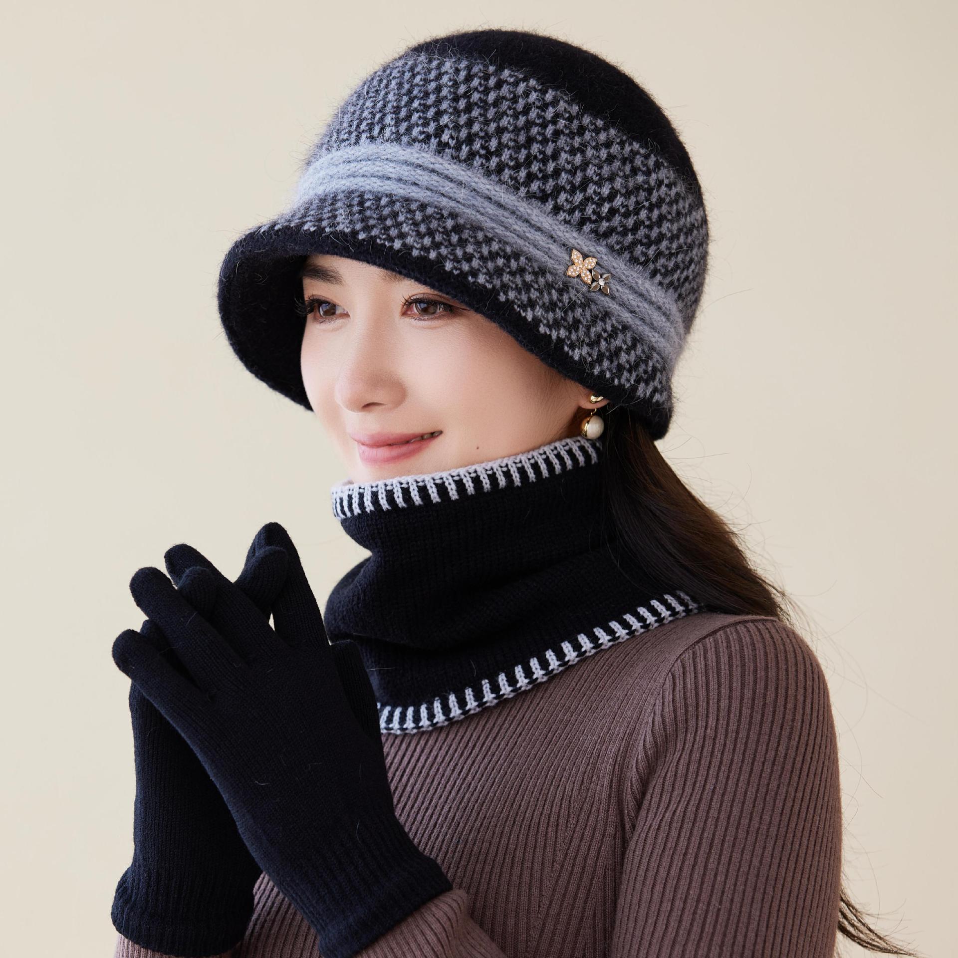 

В язана шапка з кролячого хутра на осінь і зиму, вовняна жіноча шапка, зимова шапка для матері середнього віку single hat чорний