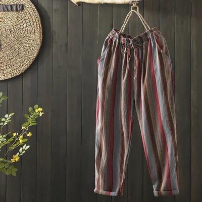 Gestreifte Damenhose aus Leinen mit weitem Bein, vertikaler Dehnung, lockere Passform, lässige Hose für den Sommer, atmungsaktiv, bequem, elastischer Bund, vielseitige Hose