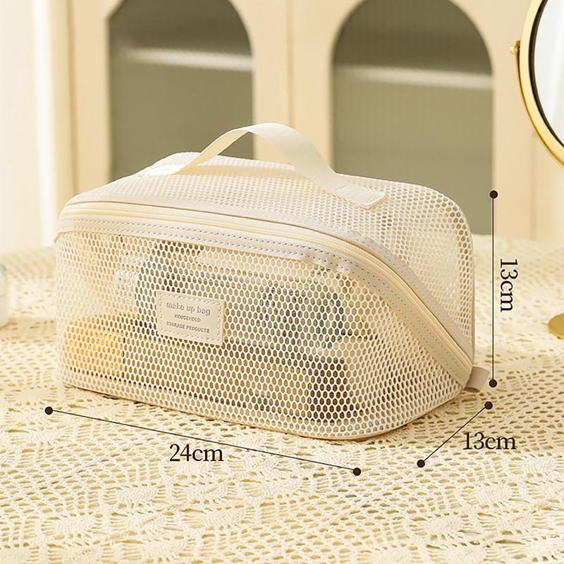 Portable Solid Color Mesh Cosmetic Bag Lightweight Space Saving Zipper Bags Large Capacity Travel Toiletry Storage Handbag