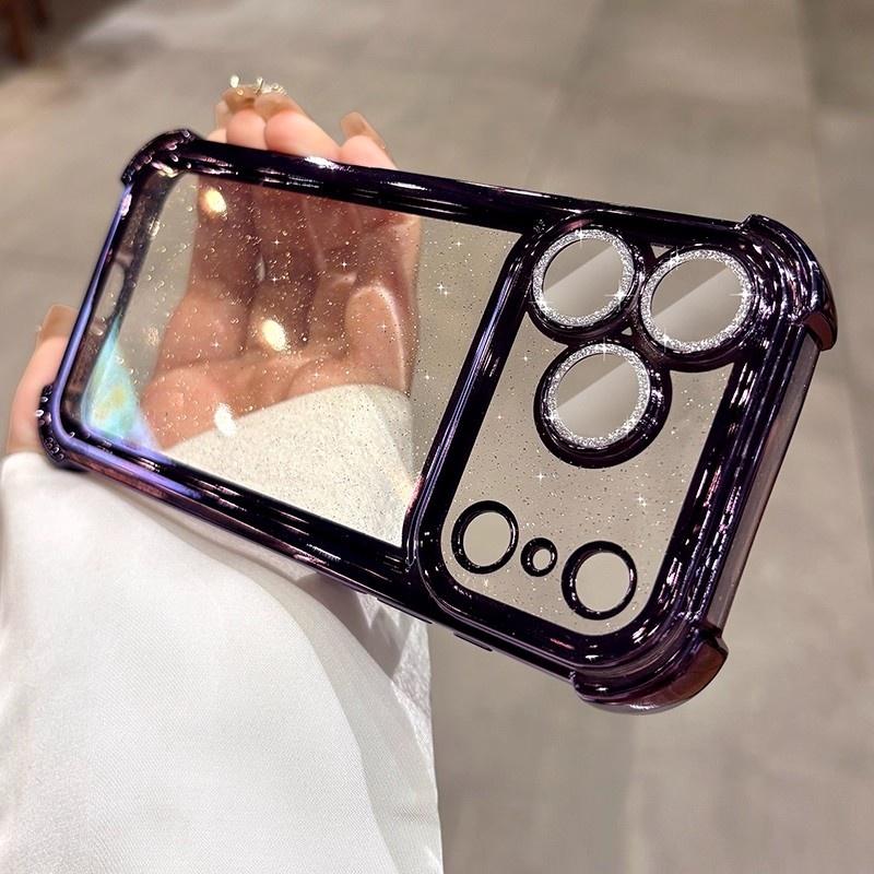 Plating Glitter Transparent Air Cushion Case For iPhone 11 12 13 14 15 16 17 Pro Max 17Air Lens Protection Soft Bumper Cover