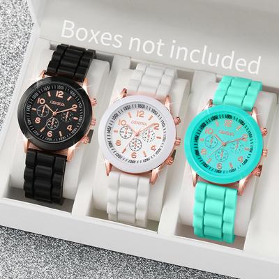 3PCs/Set Women's Candy Color Watch Fashion Silicone Quartz Watch Black and White Green Jewelry Set