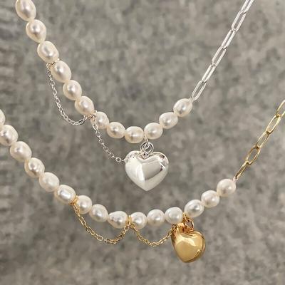 Women's Silver Unbalanced Pearl Chain Heart Necklace