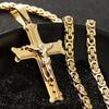 Fish Bone Pattern Cross Pendant Necklace Men Stainless Steel Crucifix Jesus Link Byzantine Chain Necklace Catholic Jewelry Gift