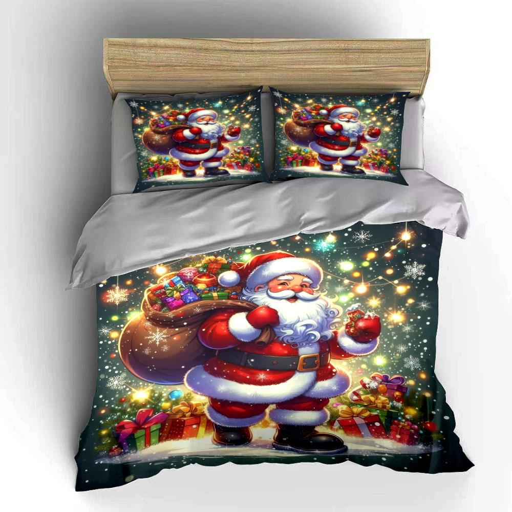 Santa with Gifts and Snow Bedding Duvet Cover Set (1*Duvet Cover 2*Pillowcases, Without Duvet Insert)