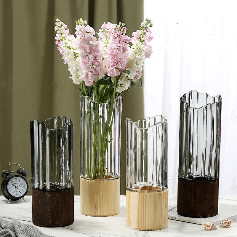 

Glass Vase Wooden Base Irregular Transparent Hydroponic Accessories Walnut Terrarium Home Decoration Accessories Vases Pots