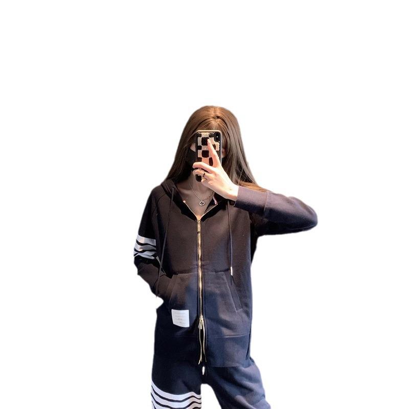 Women's Color-Woven Zipper Hoodie Casual Unisex Hooded Sweatshirt with 4 Stripes