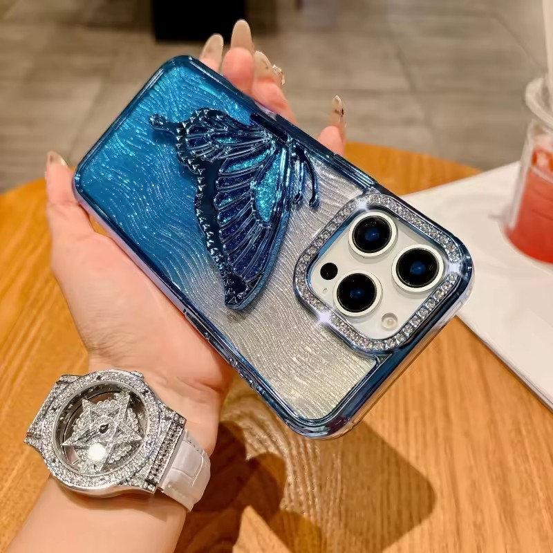 Luxury Bling Butterfly Bracket Transparent Case For iPhone 16 Plus 15 14 13 12 Pro Max 11 Plating Shiny Gradient Diamond Cover