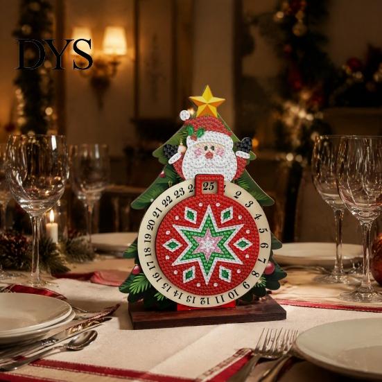 DIY Holiday Table Decor Christmas Rhinestone Painting Countdown Calendar, 25 Days Rotating Gemstone Decoration Tree Advent Wooden Tabletop Ornament