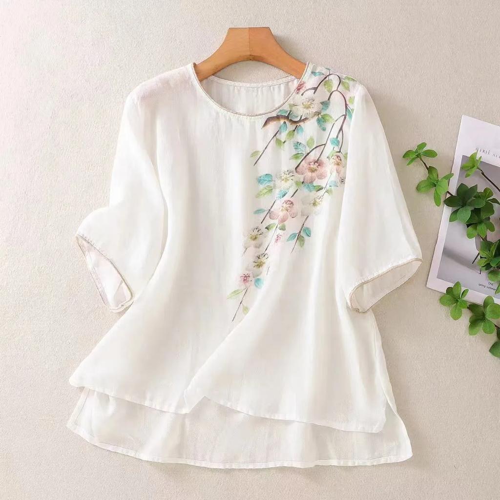 Women's Summer Loose Thin Chinese Style Tops Fresh Short Sleeve Casual Shirt
