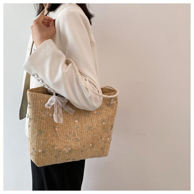 Simple Straw Style Straw Tote Bag with Bow Knot Single Shoulder Handbag for Women