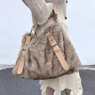 Plush Large Capacity Tote Bag Women Vintage Autumn Winter Fur Soft Khaki Handbag Female Retro Casual Messenger Bag
