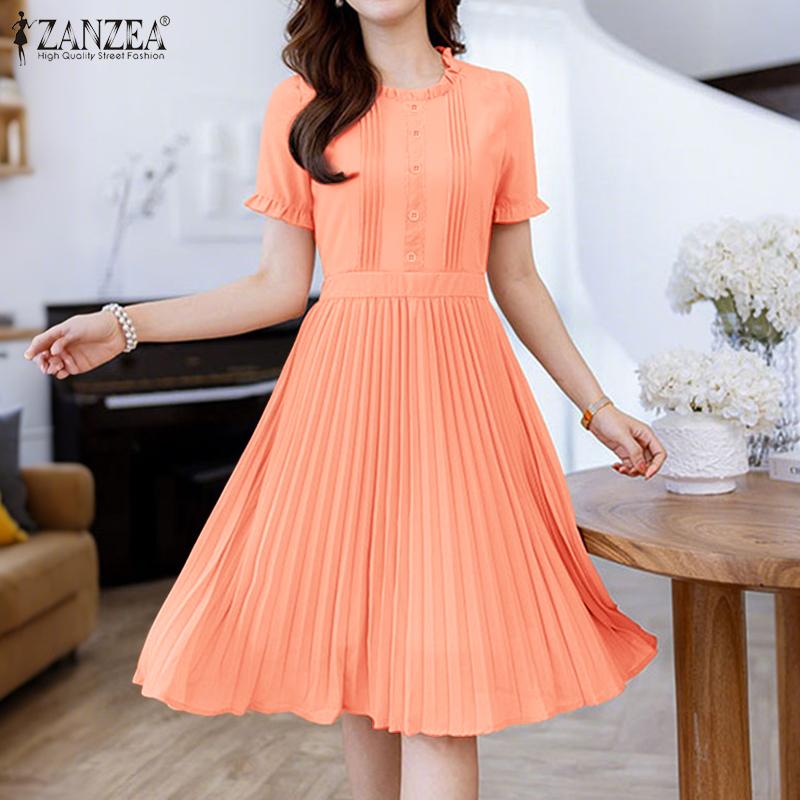 ZANZEA Women Casual Round Neck Summer Short Sleeve Dress