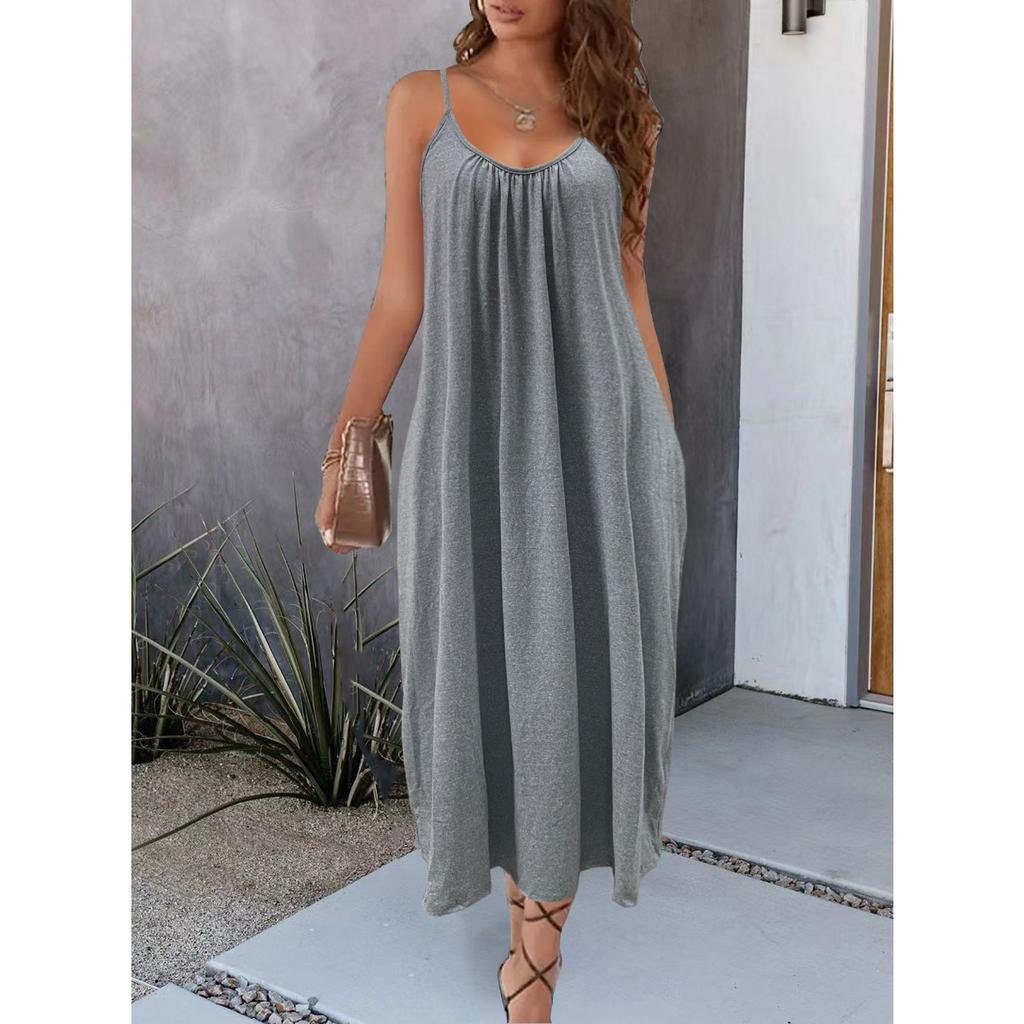 Women's Solid Color Low-cut V-neck Loose Laxy Style Sling Dress, Slimming Spring Summer Casual Dress for Foreign Trade