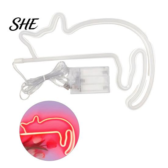 Battery Powered Night Light Cat LED Neon Sign Wall Sconce for Bedroom Decor, Cute Cartoon Animal Creative Gift Kids Light, Energy Saving Decorative