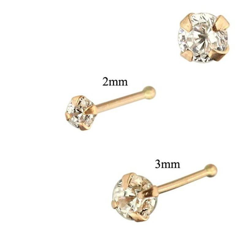 KODY PIERCING 9K Solid Gold Ball End Jeweled Nose Pin With Cubic Zirconia CZ Round 3,0mm Set by 4 Prongs - Quality Piercing