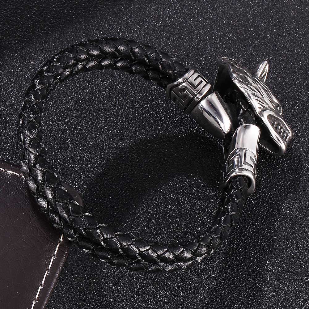 Punk Dobbeltlags Ekte Lær Armbånd Menn Sølvfarget Ulvehode Armringer Mote Smykker Gave