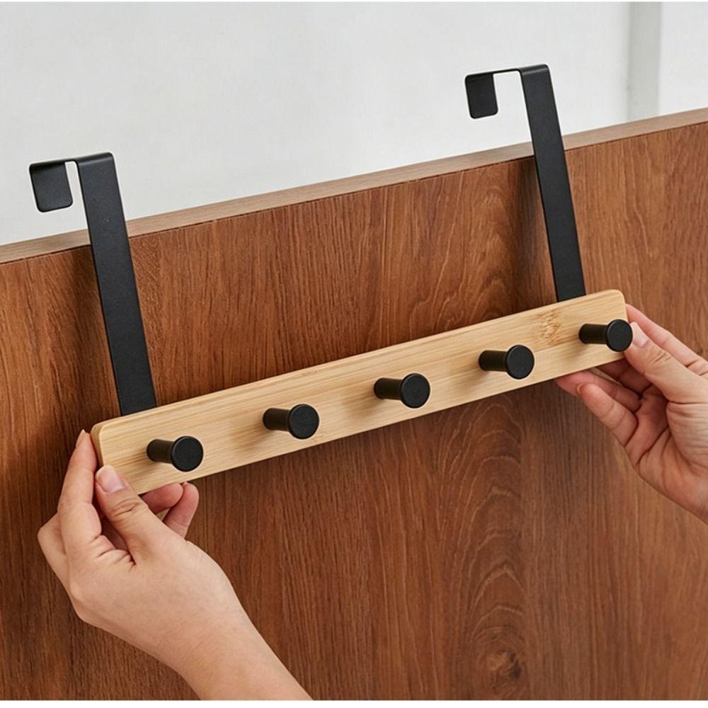 Natural Bamboo Over The Door Hooks Matte Metal Brackets Hat Hanger Clothes Rack Kitchen Storage