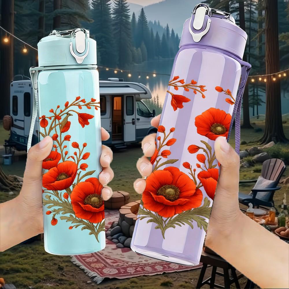 1PC Red Poppy Flower Cluster Print 750ml Color Plastic Sports Water Bottle Leakproof Flip Straw Lid For Sports Office Home Use