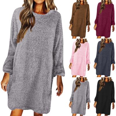 Suéter feminino de inverno tricotado com gola redonda quente manga comprida vestido casual