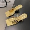 Fashion SUOJIALUN 2025 Summer Narrow Band Women Slipper Fashion Square Toe Slip On Sandal Shoes Thin High Heel Dress Sandal Shoes Slides