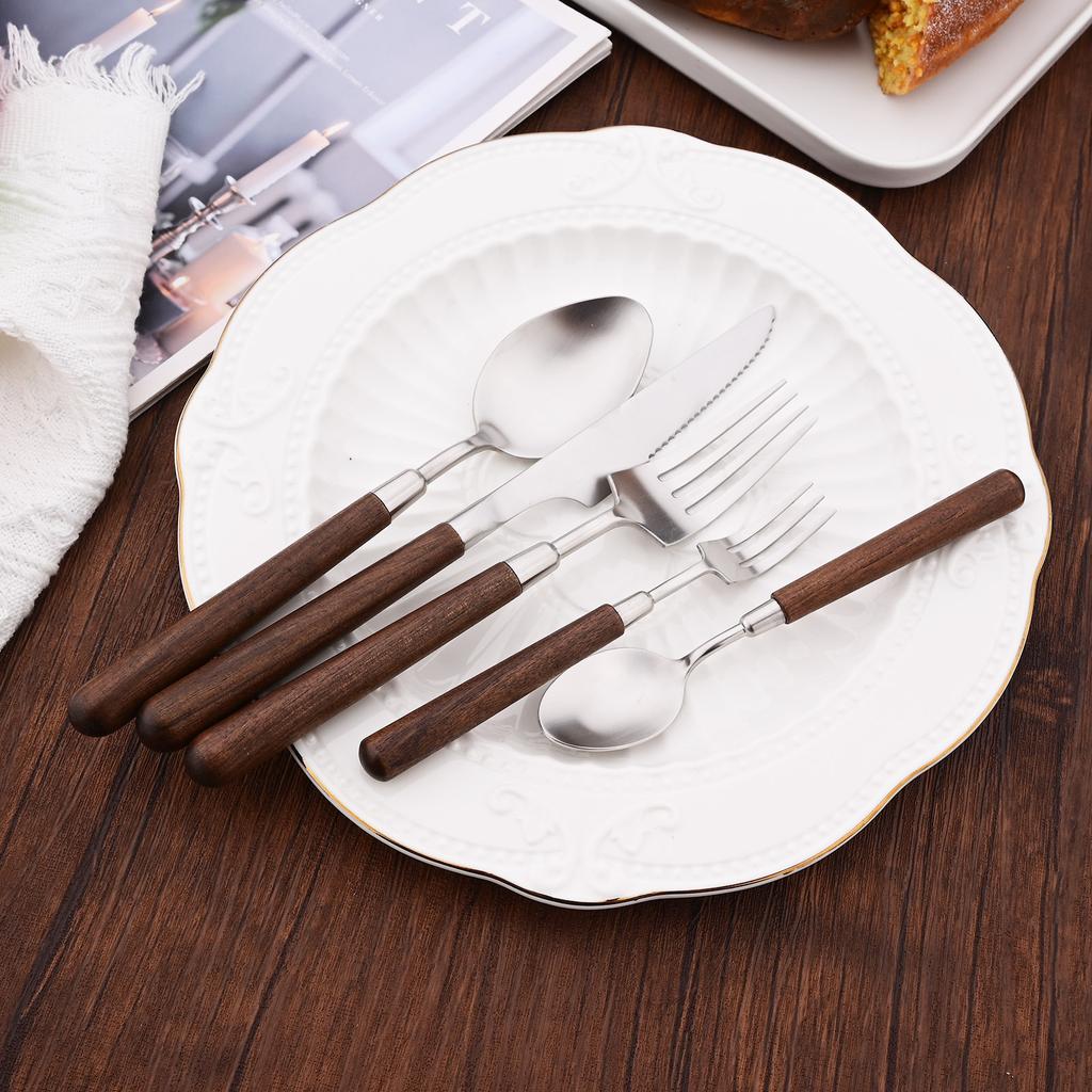 Wooden Handle Stainless Steel Cutlery Set 5Pcs Tableware Fork Spoon Knife Dinner Utensils for Home Kitchen