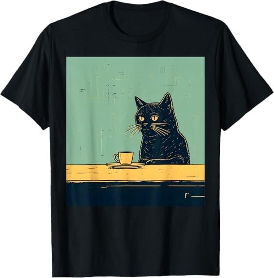 Black Cat Coffee Vintage Retro Art T-shirt