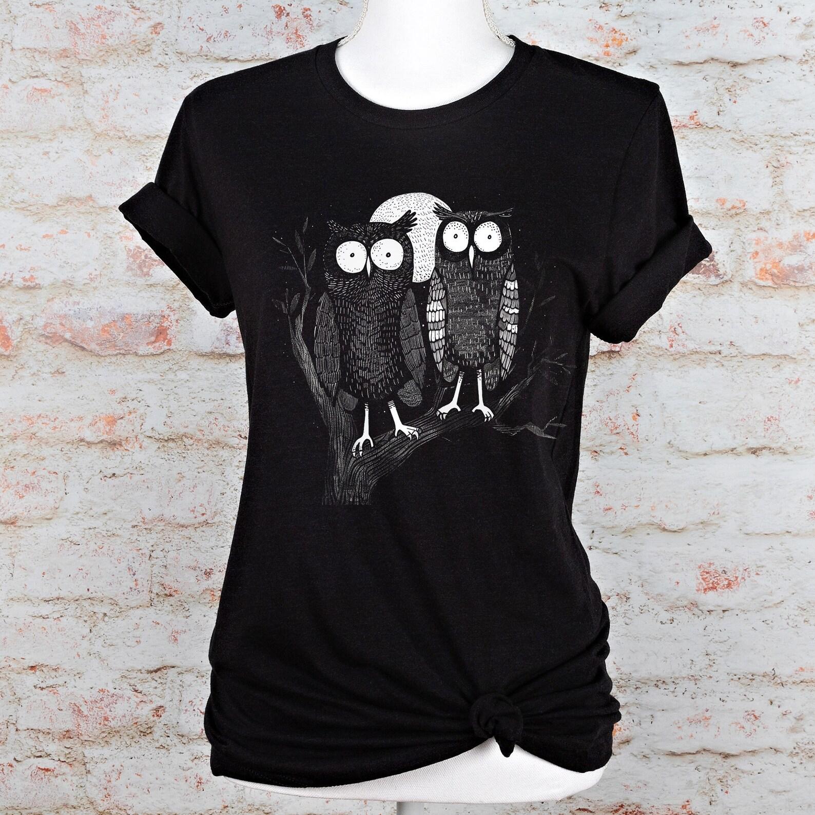 Vintage Owl Shirt Gothic Moon Art Tee Dark Academia Graphic Night Owl Nature Illustration M