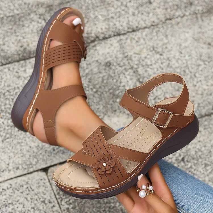 Large Flat Casual Sandals for Women 2025 New Style Wedge Heel Flower Solid Color Lightweight Fish Mouth Roman Sandals