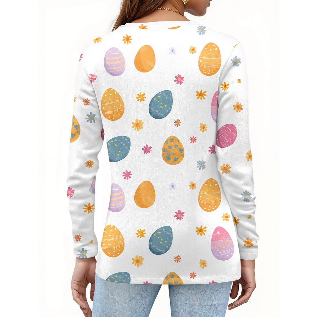 Damska modna, swobodna, rozcięta na dole, okrągły dekolt, długi rękaw, luźny, nadrukowany T-shirt