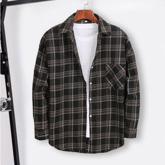 Men Autumn Shirt Plaid Print Contrast Colors Turn-down Collar Lapel Korean Style Single-breasted Loose Pocket Soft Patchwork Spring Shirt Daily Wear