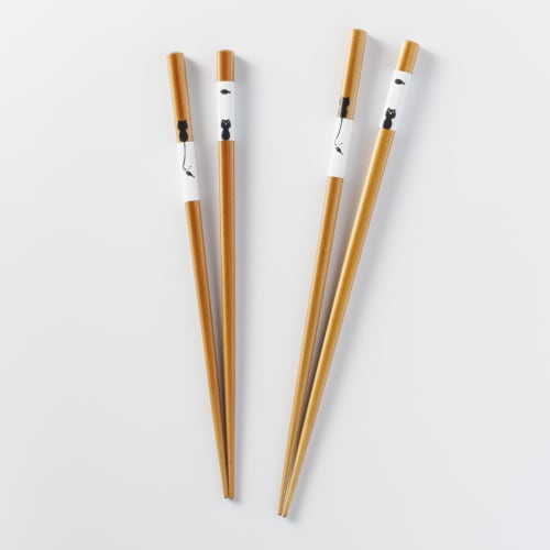 Sunlife Chopsticks, Dishwasher Safe, Adult, Short, 21cm, Hungry, Cat Design, Natural Wood, Made in Japan, H-05928