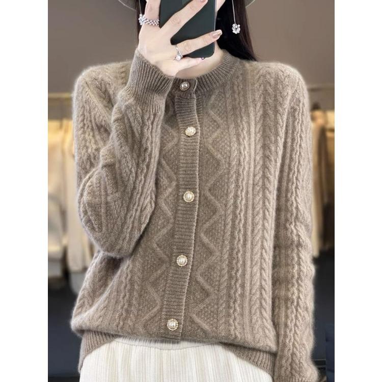 Women's Thickened Knitted Cardigan Round Neck Autumn Winter Warm Twists Sweater Long Sleeve Outerwear