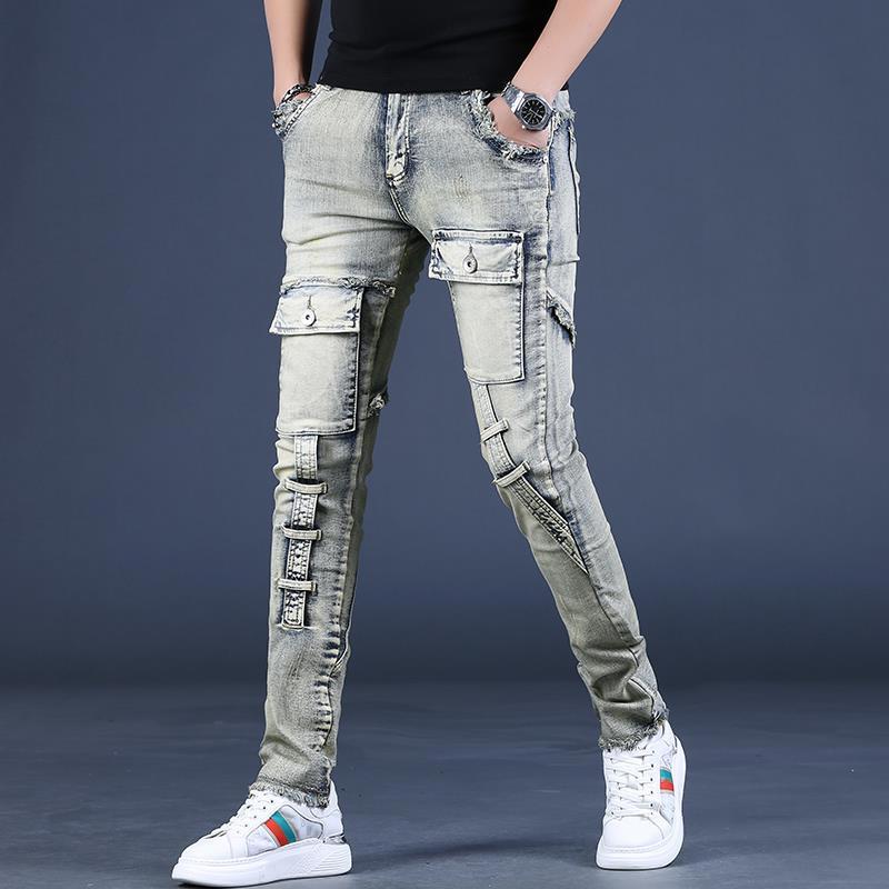 Men's Retro Heavy Washed Slim Fit Workwear Jeans - Spring & Autumn Scraped Edge Skinny Trousers